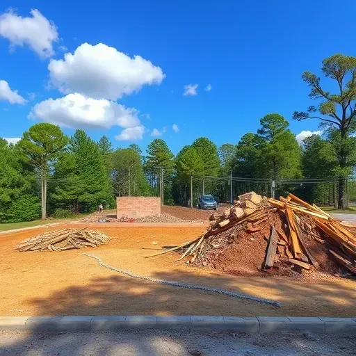 Cleared demolition site in Carolina Forest SC with debris, fresh dirt, trees, and a clear blue sky.