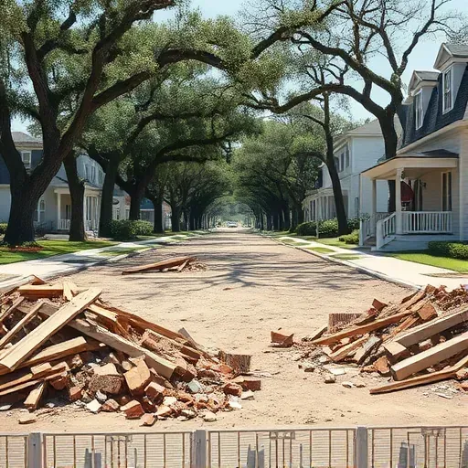 House demolition in Charleston SC shows a cleared lot with debris, oak trees, and well-kept homes in the background.