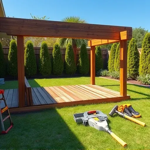 Recently removed deck in Charleston SC with exposed wood beams, tools, and a neat backyard under clear blue sky
