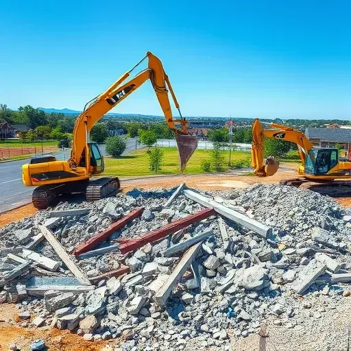 Demolition site in Sumter SC with organized rubble, construction machinery, trees, and buildings under clear skies.