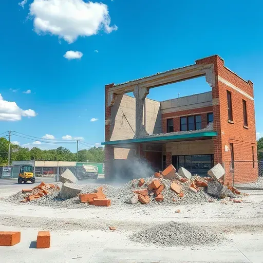 Demolition site in Sumter SC with concrete debris, secured fences, construction vehicles, and a clear blue sky.