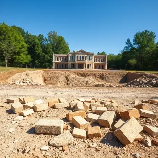 Cleared demolition site in Greenwood SC with broken concrete blocks and debris under a blue sky, ready for new construction.