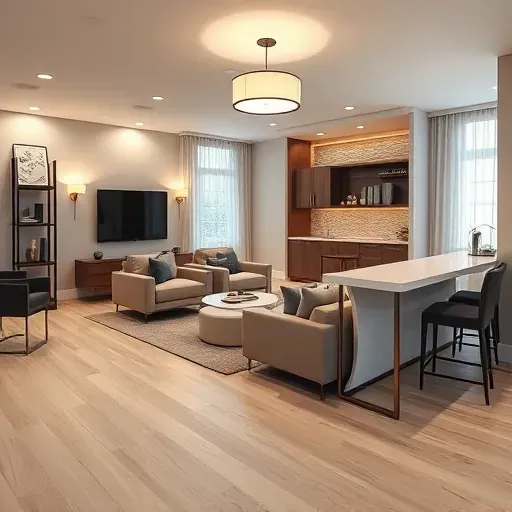 Beautifully remodeled Charleston basement with modern finishes, hardwood floors, stylish furniture, artwork, and ambient lighting