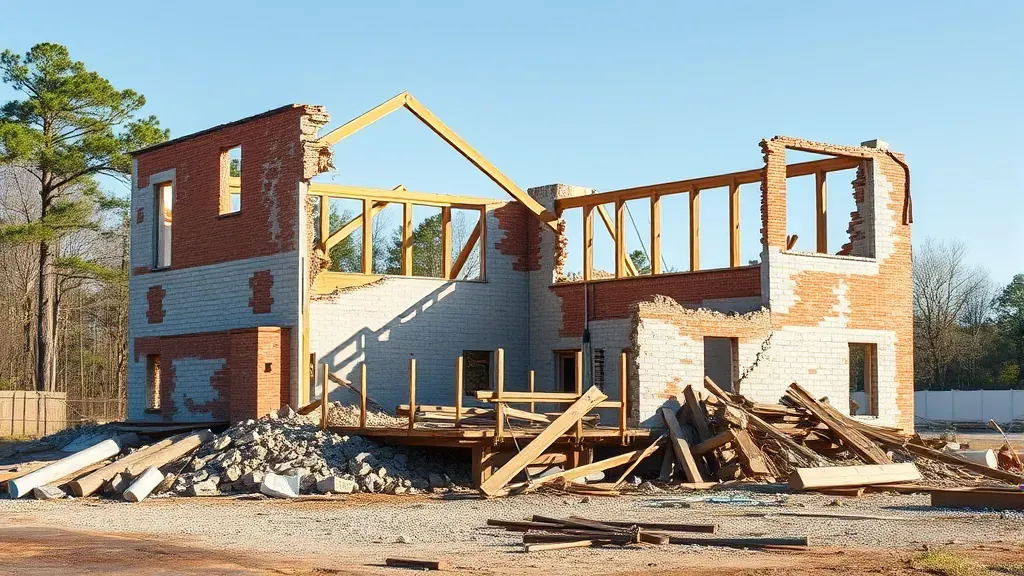 Demolition in Columbia, SC with construction equipment and debris visible on-site.