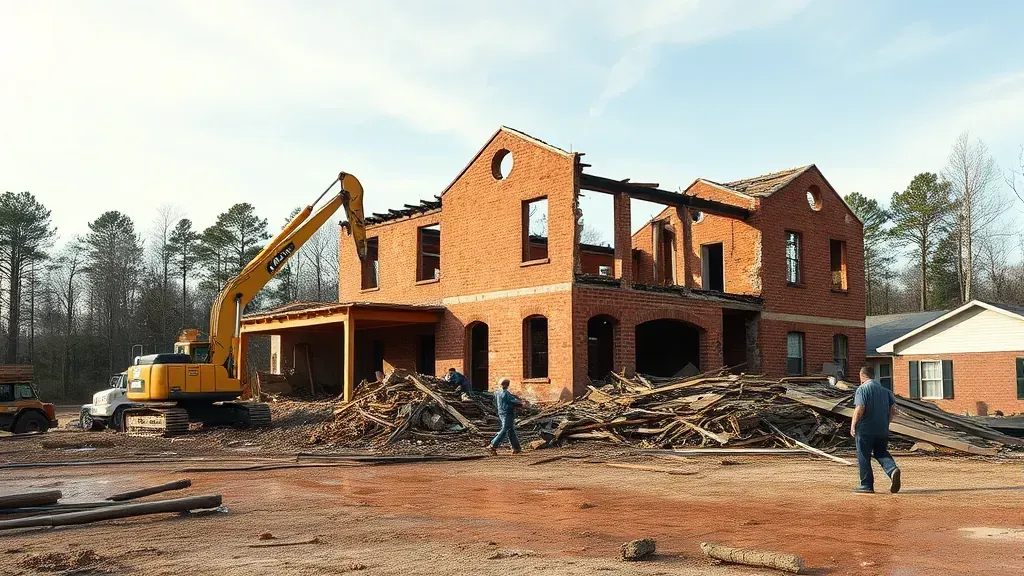 Demolition in Lexington, SC with heavy machinery tearing down a building against a clear blue sky.