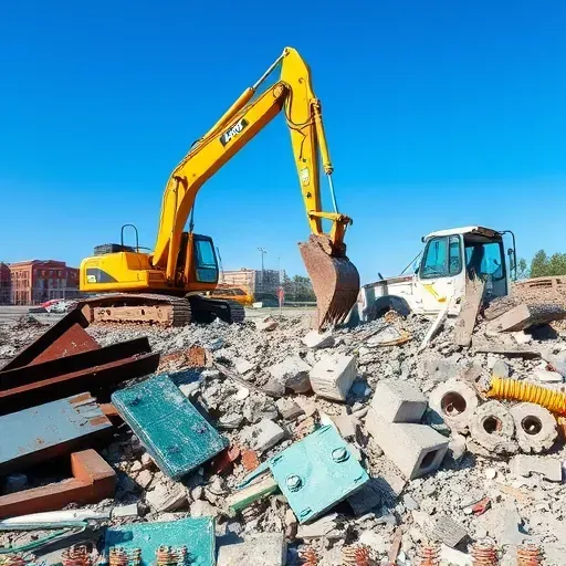 Demolition site in Hardeeville SC with debris, heavy machinery, and a clear blue sky showcasing professional cleanup.