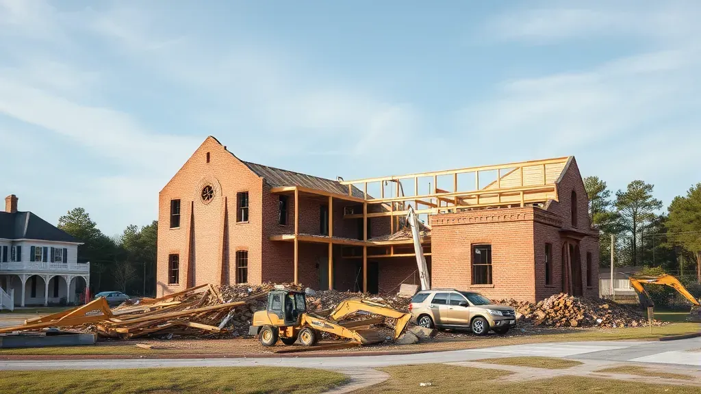 Demolition in Mount Pleasant SC shows construction equipment at work on a building site.