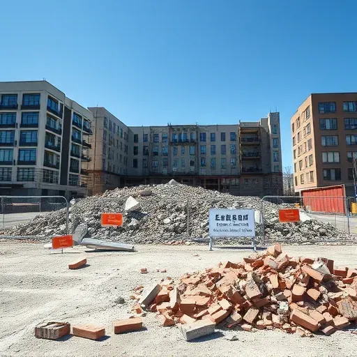 Demolition site in Moncks Corner SC with rubble debris, intact buildings, safety barriers, and clear signage.
