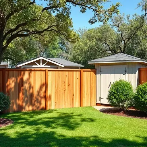 Beautiful completed wooden fence and sheds in a lush backyard with green grass, mature trees, and clear blue sky.