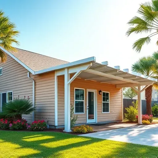 Finished vinyl siding and metal carport on a modern home in Myrtle Beach with lush landscape and clear sky