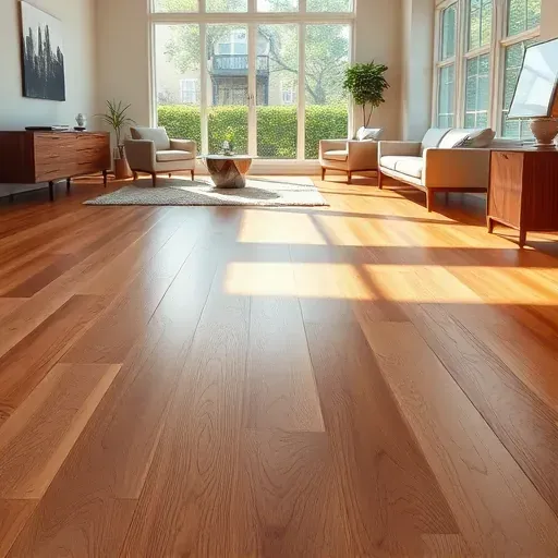 Beautiful Charleston hardwood flooring with warm tones, intricate detailing, natural light, modern interior, lush outdoor view
