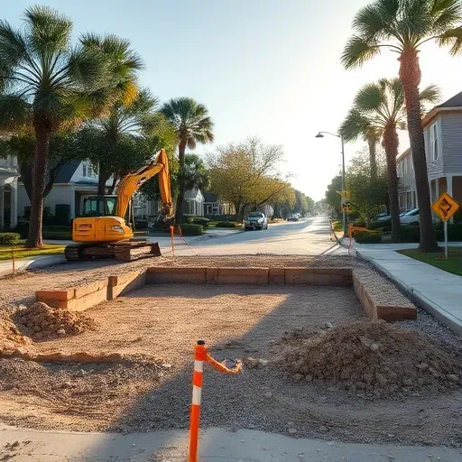 Completed house demolition in Charleston SC with cleared lot, construction equipment, and well-organized debris disposal.