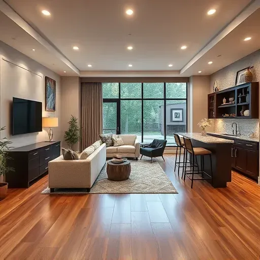 Remodeled Charleston basement with modern interior, hardwood floors, coastal decor, bar area, and large windows.