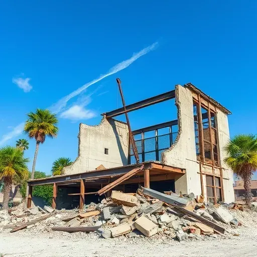 Demolition site in Myrtle Beach SC with debris, broken concrete, steel beams, palms, and blue sky backdrop.