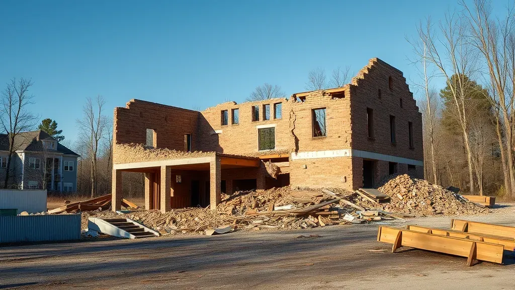 Demolition in Greenville, SC with a construction crew and heavy machinery at work.