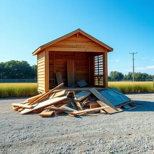 Completed shed demolition site in Myrtle Beach SC with neatly piled debris, wooden planks, metal scraps, and natural surroundings
