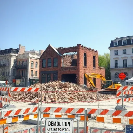 Demolition site in Charleston SC with debris, construction barriers, and historic architecture in soft focus.