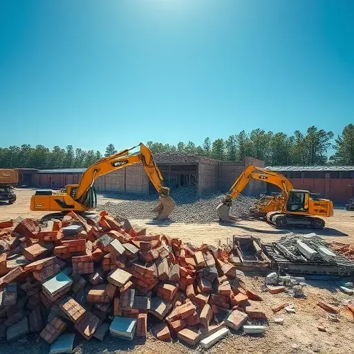 Completed demolition site in Simpsonville SC shows debris piles and heavy machinery under a clear blue sky.