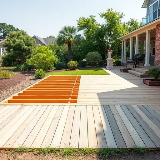 Finished deck removal in Charleston backyard showing leveled ground, new framing, greenery, and southern architecture under bright sunlight