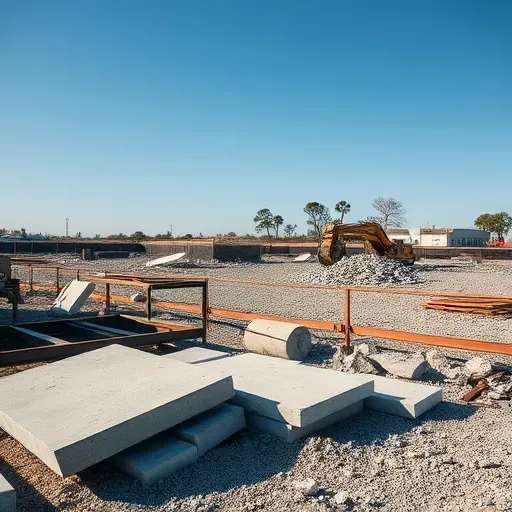 Demolition site in Port Royal SC with cleared debris, concrete slabs, metal structures, and clear blue sky.