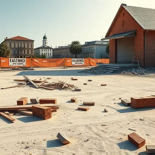 Cleared lot after house demolition in Charleston SC with debris, beams, bricks, and cityscape in the background.