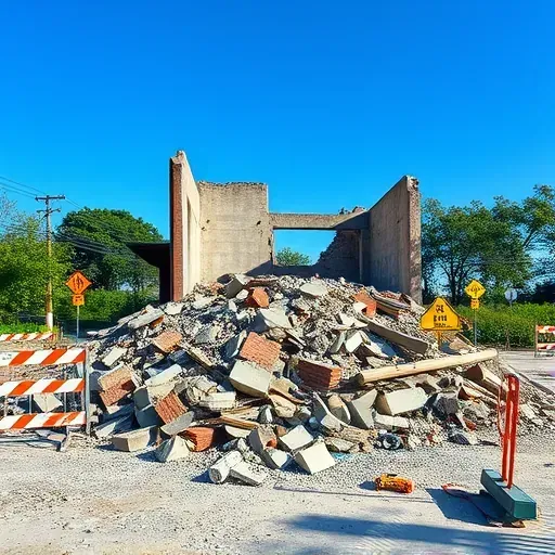 Demolition site in North Charleston SC shows rubble, steel beams, and bricks under a clear blue sky with safety barriers.