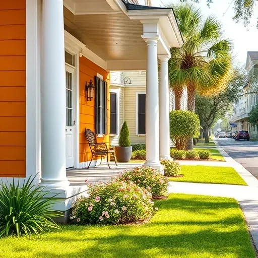 Beautiful Charleston home with vibrant painted siding, white trim, landscaped yard, porch, and historic neighborhood background