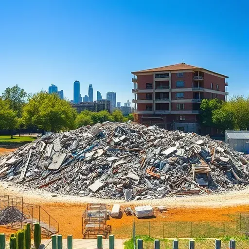 Completed demolition site in Greenville SC with organized rubble, urban landmarks, trees, and clear blue skies.
