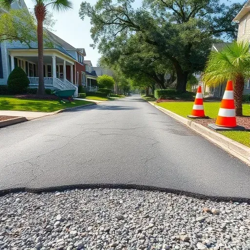 Driveway removal scene in Charleston SC showing cleared asphalt, gravel, tools, and historic neighborhood setting
