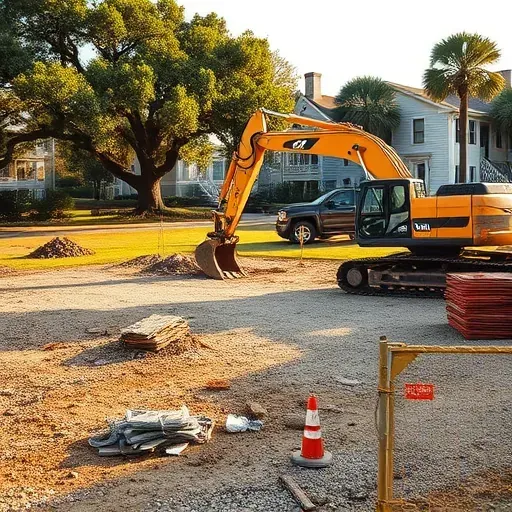 Demolition site in Charleston SC with cleared lot, debris, excavator, and neighborhood backdrop showcasing professionalism.
