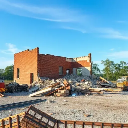 Completed demolition site in Hardeeville SC with neatly arranged debris of brick, metal, and concrete under a clear sky.