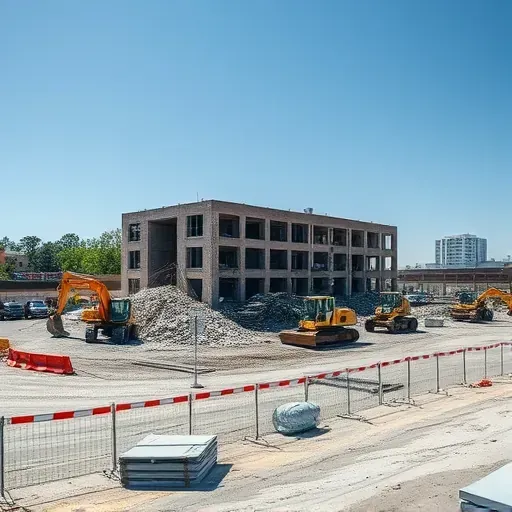 Clean demolition site in Goose Creek SC with machinery, organized rubble, clear sky, and construction barriers.