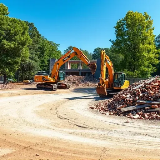 Demolition site in Carolina Forest SC with cleared debris, heavy machinery, and green trees under a blue sky.