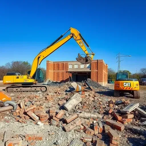 Completed demolition site in Mauldin SC with debris, heavy machinery, clear skies, and safety signs creating a professional atmosphere.