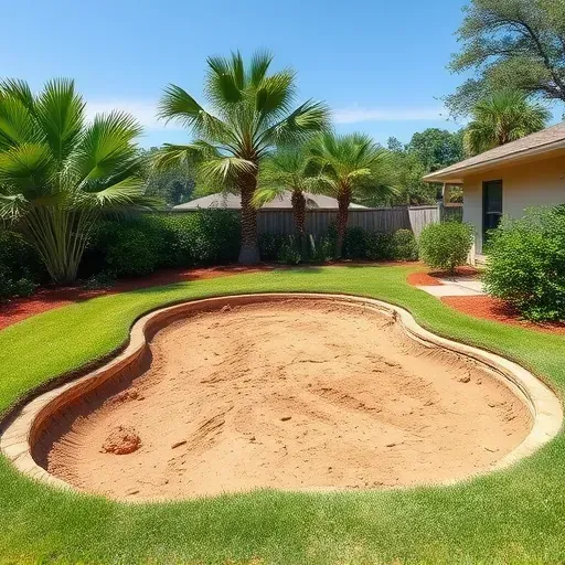 Completed Myrtle Beach patio removal with excavated ground, trimmed grass, tropical plants, and clear workspace.