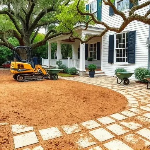 Recently completed patio removal in Charleston South Carolina showing cleared soil, paving remnants, construction equipment, and lush greenery surrounding a charming home