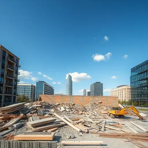 Demolition site in Anderson SC shows neatly arranged debris from a building, modern architecture under a clear sky.
