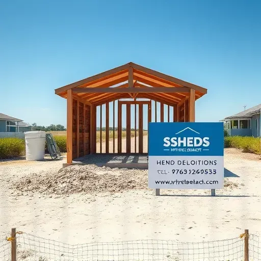 Demolished shed in Myrtle Beach with clean foundation, debris cleared, coastal background, and professional signage showing expert service
