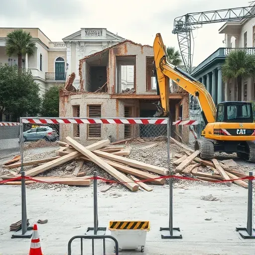 Demolished house in Charleston SC with detailed debris, construction site, equipment, and nearby architecture.
