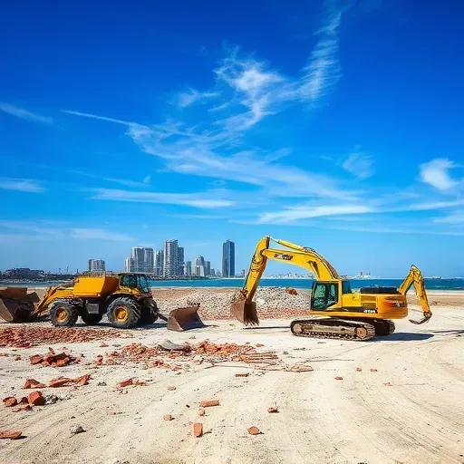 Cleared demolition site in Myrtle Beach SC with construction equipment near a vibrant skyline and clear blue sky.