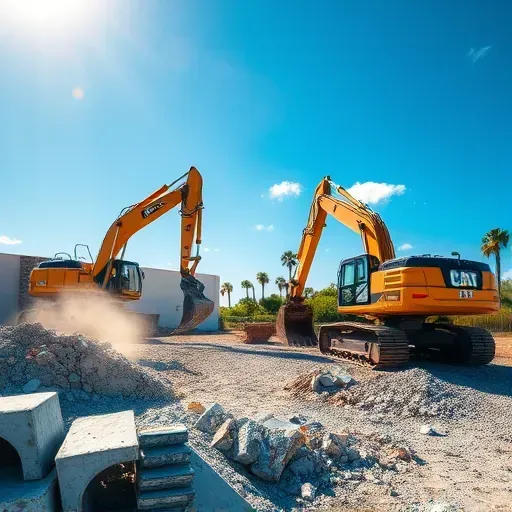 Demolition site in North Myrtle Beach SC with heavy machinery, concrete debris, and a clear blue sky in the background.
