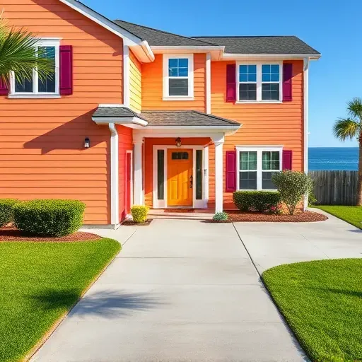 Brightly painted Myrtle Beach home with detailed siding, lush lawn, coastal background, and pristine exterior craftsmanship
