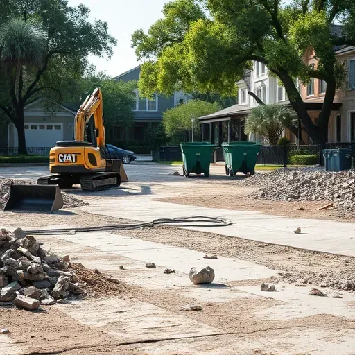 Demolition site in Charleston SC shows cleared lot, heavy machinery, and historic neighborhood background with trees.