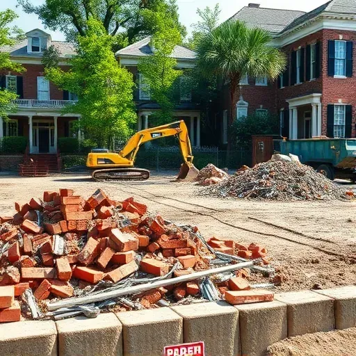 Demolished house site in Charleston SC, showing cleared lot, debris, construction equipment, and historic homes in background.