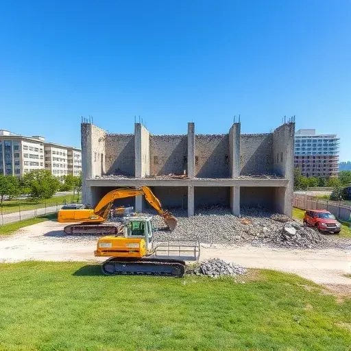 Demolition site in Hanahan SC, featuring cleared debris and machinery under a blue sky with green grass backdrop.