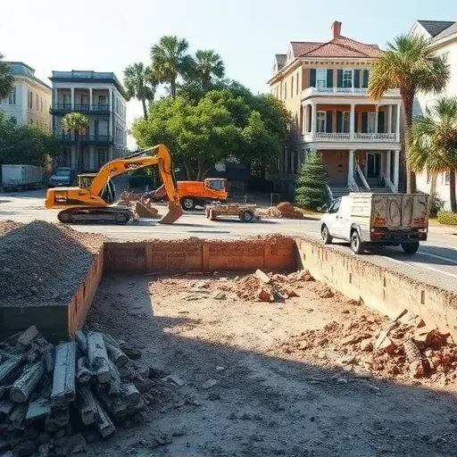Demolition site in Charleston SC with cleared lot, sorted debris, machinery and classic homes in sunny background.