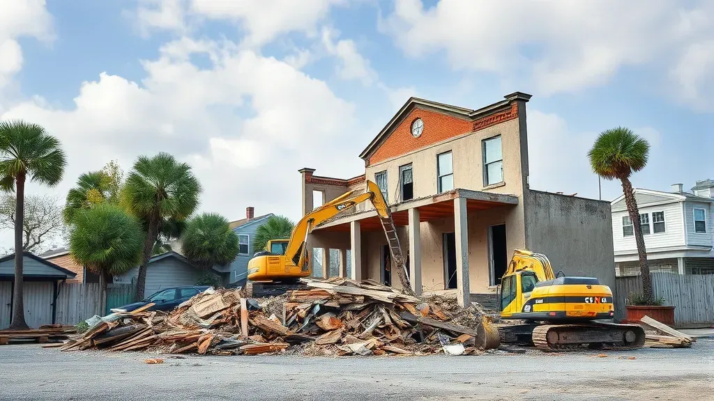 Demolished buildings site in Charleston SC showcasing debris and rubble with no people or text.