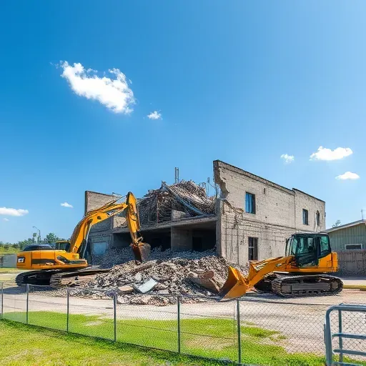 Demolition site in Socastee SC with organized rubble, heavy machinery, blue sky, and nearby green grass.
