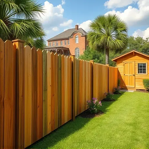 Wooden fence and matching sheds in Charleston SC with detailed wood grain, lush landscaping, flowering plants, palmetto trees, and historic brick background