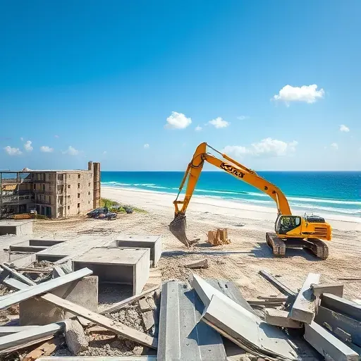 Demolition site in Myrtle Beach SC with cleared land, concrete remnants, excavator, and coastal backdrop.